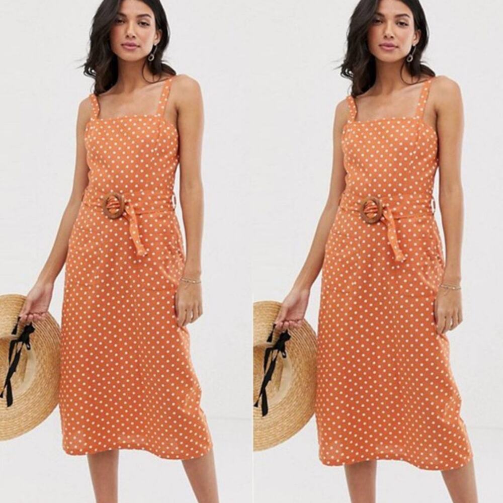 ASOS Orange & White Polka Dot Belted Midi Cotton Sheath Dress